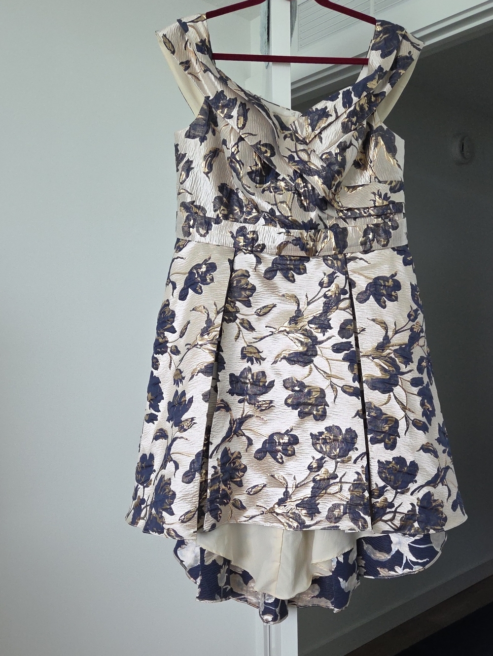 Oleg Cassini Cream and Navy Floral Off-Shoulder Party Dress